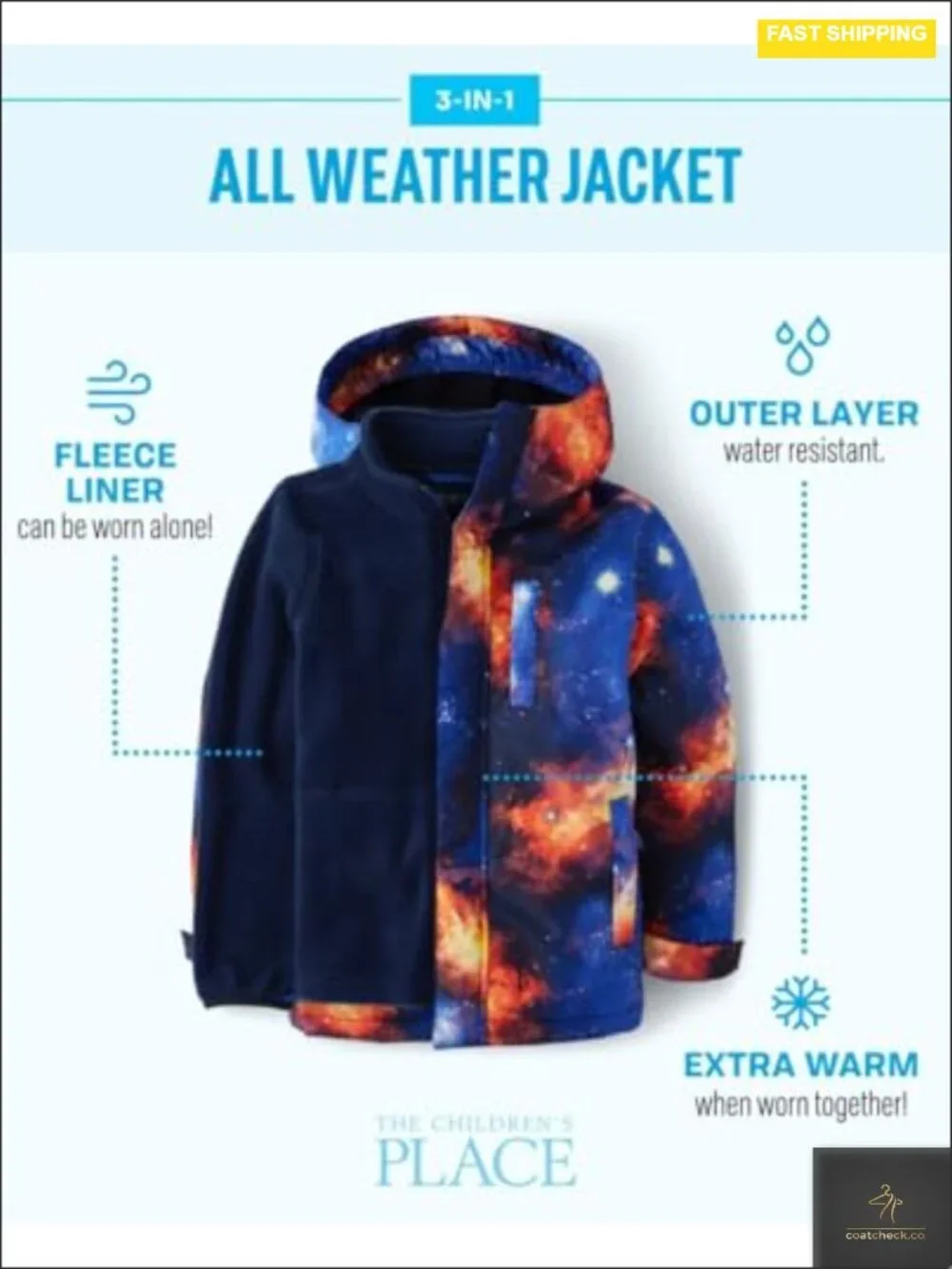 3-in-1 Winter Jacket for Toddler Boys Wind Water-Resistant Shell Fleece Inner